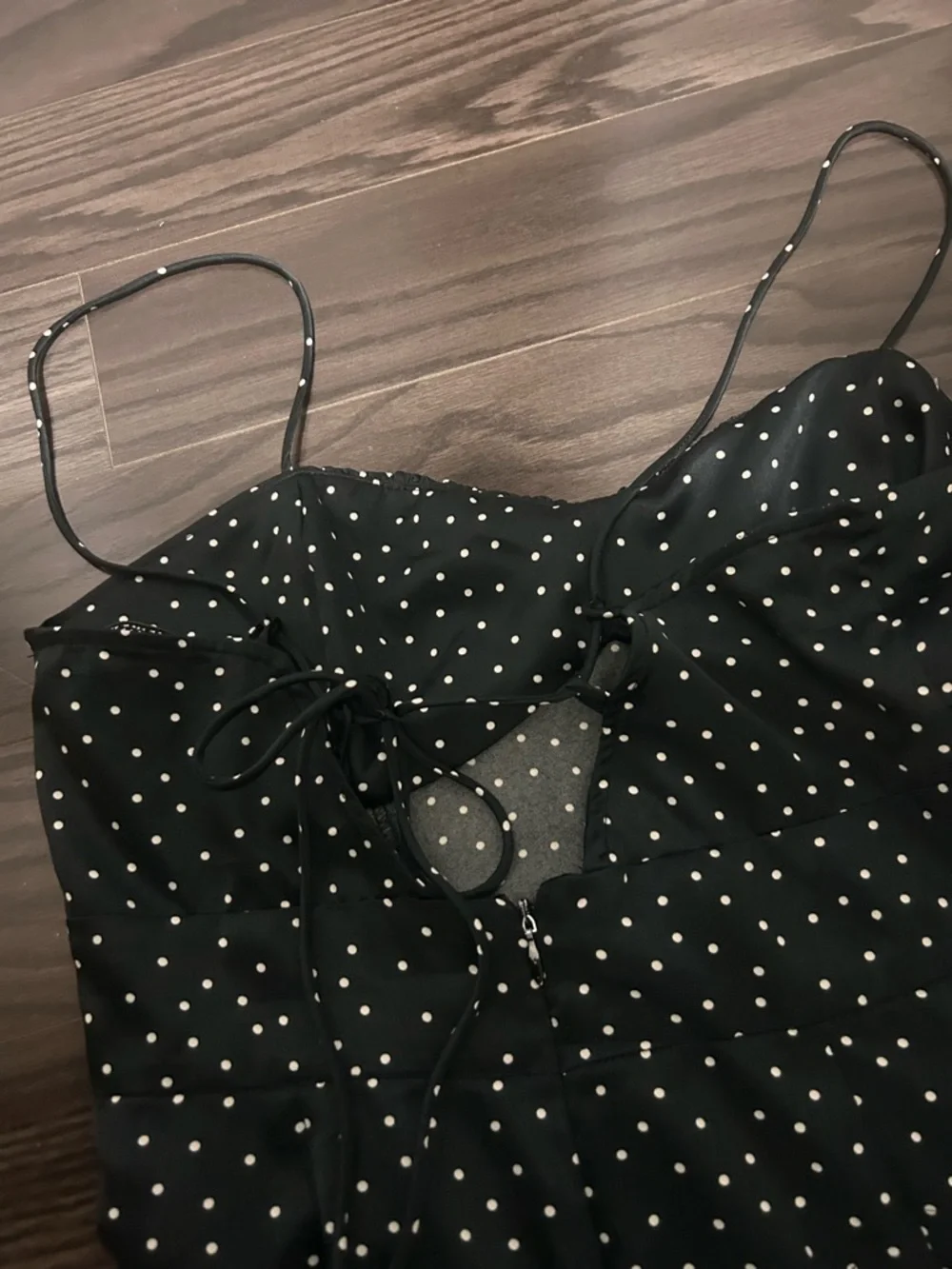Zara black satin mid dress white polka dots size medium - side slit - Picture 4 of 4
